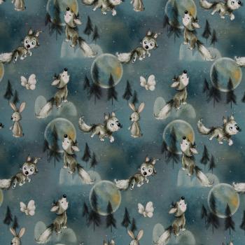 Baumwolljersey Jerry Kleine Wölfe auf Blau von Swafing